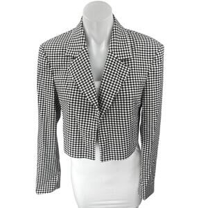 Zara Black White Gingham Check Open Long Sleeve Crop Blazer Suit Jacket Size XS